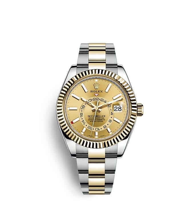 นาฬิกา Rolex Sky Dweller 42 มม., Oystersteel และทองคำ หน้าปัดสีแชมเปญ ขอบหน้าปัด Ring Command แบบเซาะร่อง