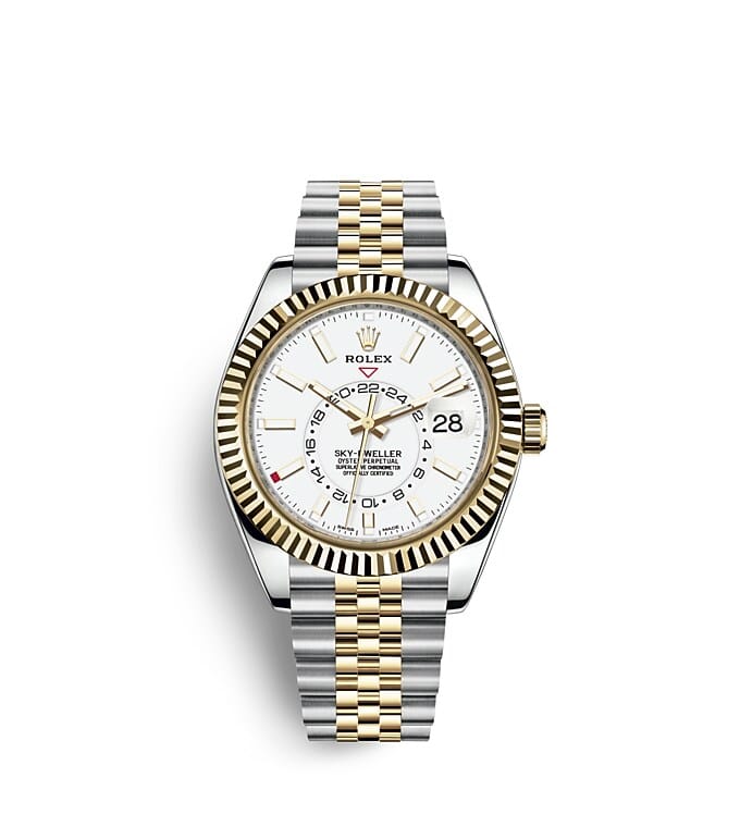 นาฬิกา Rolex Sky Dweller 42 มม., Yellow Rolesor หน้าปัดสีขาวเข้ม ขอบหน้าปัด Ring Command แบบเซาะร่อง