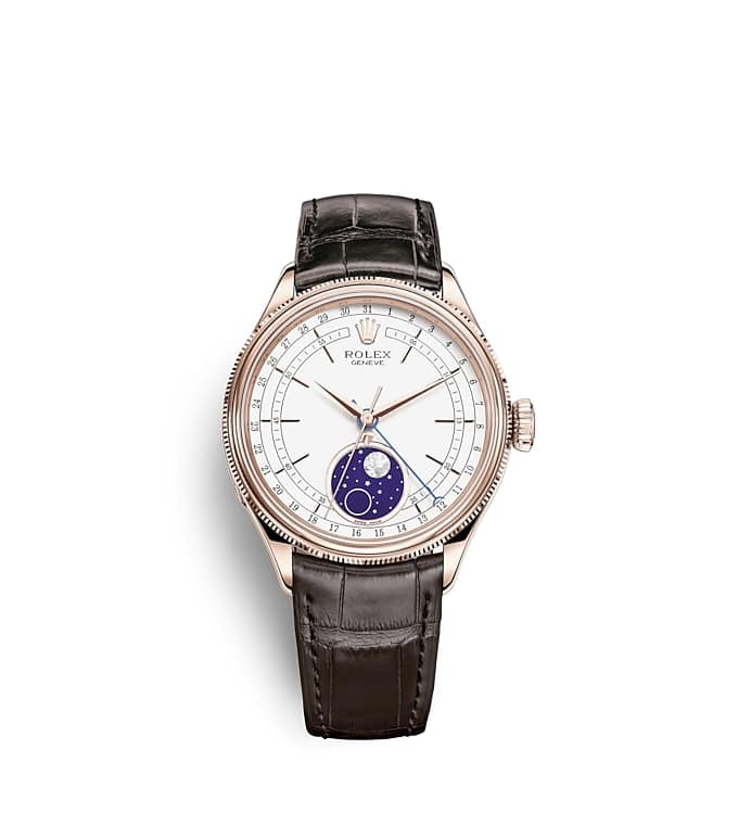 นาฬิกา Rolex Cellini Moonphase 39 มม., เอเวอร์โรสโกลด์ หน้าปัดสีขาว สายหนังสีน้ำตาลโทแบคโค
