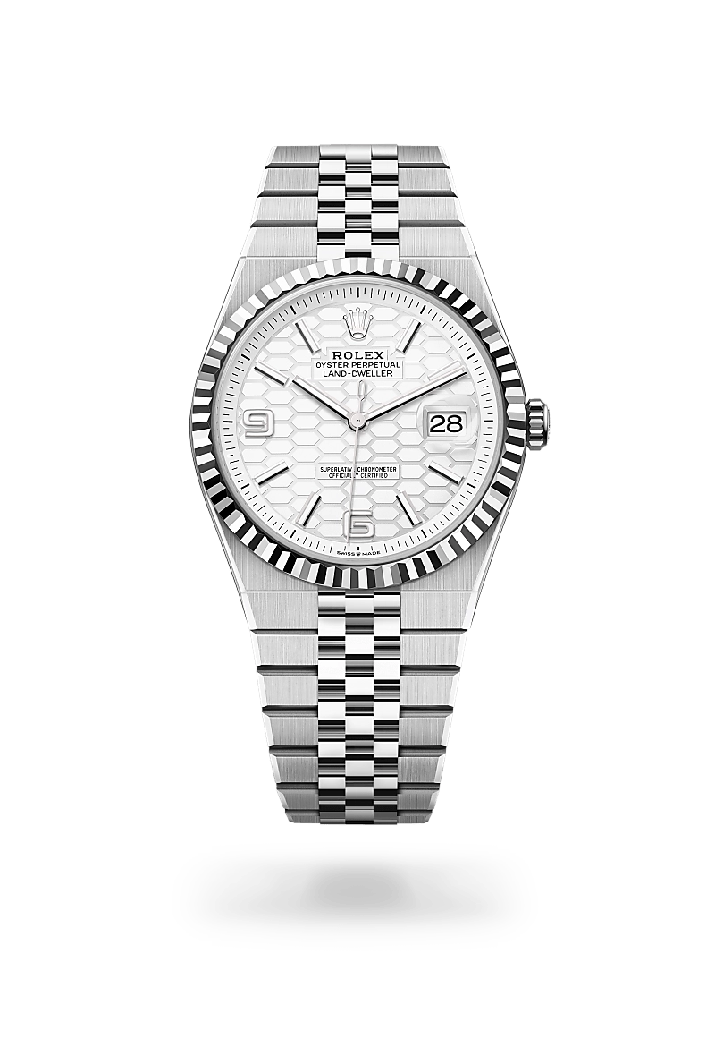 Rolex Land-Dweller in White Rolesor - การผสมผสานระหว่าง Oystersteel และทองคำขาว, M127334-0001 - Pendulum Rolex Land-Dweller in White Rolesor - การผสมผสานระหว่าง Oystersteel และทองคำขาว, M127334-0001 - Pendulum